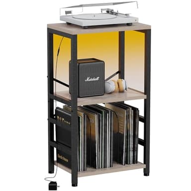 YAKANJ End Table with LED Light,Record Player Stand with Albums Storage,Vinyl Records Storage,Turntable Stand Side Table for Music Room Studio Living Room Bedroom-Greige - Image 1