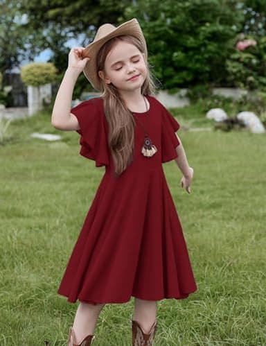 Arshiner Girl's Summer Dresses Ruffle Short Sleeve Swing Flowy Midi Casual Sundress with Pockets A Wine Red Toddler 4-5 Y - Image 4