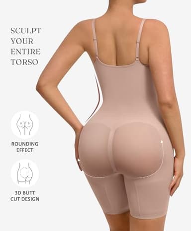 FeelinGirl Seamless Bodysuit Shapewear Hip Enhancer High Waist Body Shaper Full Body Slimming Faja Khaki Beige M/L - Image 2