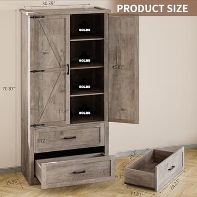 BORNOON Pantry Organizers and Storage Cabinet, 71” Barn Door White Kitchen Cabinet with Drawers and Adjustable Shelf, Tall Pantry for Kitchen, Dining Room, Living Room. Bathroom and Office - Image 2