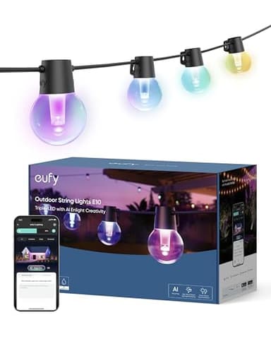 eufy Outdoor String Lights E10, 96ft with 30 Smart RGBWW LED Bulbs, Endless AI Light Themes for Christmas Decorations, IP65 Waterproof for Patio, Fence, Balcony, Link with Cameras, Voice & App Control - Image 1