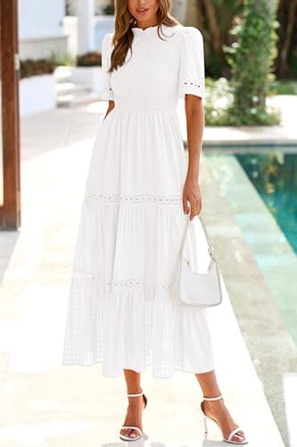 dowerme Summer Dresses for Women 2025 Casual Boho Hollow Out Short Sleeve Ruffle Mock Neck Smocked Maxi Gingham Sundress(White,Medium) - Image 2