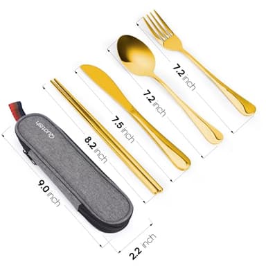Travel Utensils with Case, Quatish Portable Silverware Set for Work, Stainless Steel Reusable Travel Cutlery Set, Fork and Spoon Set for Camping, Picnic, Gadgets, Lunch Box for Men, Gold - Image 3