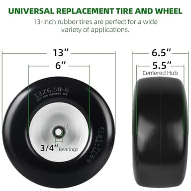 AR-PRO (2-Pack) 13x6.50-6 Flat Free Tire and Wheel - Universal 13x6.5-6 Solid Rubbe Riding Lawn Mower Tire with Rim - With 5.5"-7.8” Centered Hub and 3/4" Bearings extra 5/8" 1/2” Bushings - Image 2