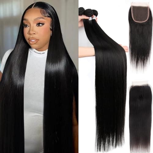 Human Hair Bundles with Closure Straight(22 24 26+20,Free Part) Closure with 3 Bundles Brazilian Virgin Hair 16A Extensions with Pre Plucked with Baby Hair 4X4 HD Lace Closure Natural Black Color - Image 1
