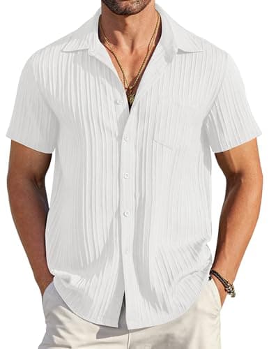 COOFANDY Men's Summer Linen Shirts Short Sleeve Button Down Shirts for Men Fashion Beach Casual Shirt A-White - Image 1