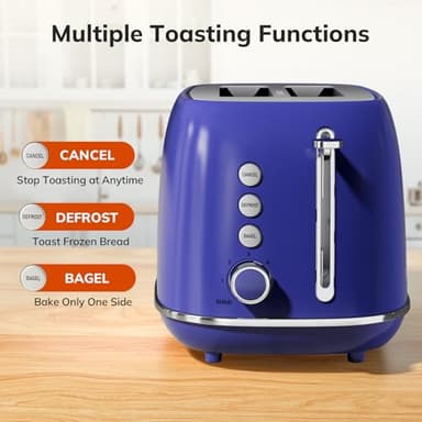 Keenstone Retro 2-Slice Stainless Steel Toaster - Bagel, Cancel, Defrost Functions, Extra Wide Slots, High Lift Lever, 6 Shade Settings, Removable Crumb Tray, Dark Blue - Image 2