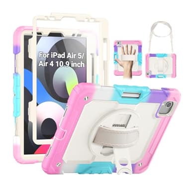 SEYMAC Case for iPad Air 5th/ 4th Generation 10.9", Full-Body Shockproof Protective Case with Screen Protector, Rotating Stand/Handle/Shoulder Strap/Pencil Holder for iPad Air 5/ Air 4, Colorful/Pink - Image 1