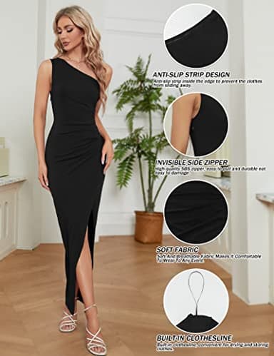 Sarin Mathews Womens One Shoulder Long Formal Dress Sexy Summer Sleeveless Bodycon Ruched Wrap Split Cocktail Dresses Black M - Image 4
