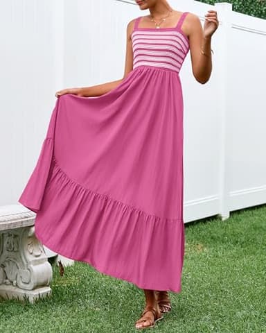 BTFBM Summer Midi Dresses for Women 2025 Spring Sleeveless Square Neck Smocked Flowy Long Beach Vacation Sundress Pocket(Rose Red, Medium) - Image 7