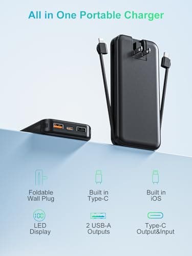 Portable Charger, 12000mAh 22.5W Type C Fast Charging Power Bank with Built-in Cables & Wall Plug, External Battery Bank with LED Display, Travel Essential Battery Pack for iPhone, iPad, Samsung Black - Image 8