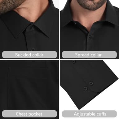 LUPURTY Black Button Up Shirt for Men, Regular Fit Stretch Formal Business Casual Long Sleeve Shirt with Pocket, Black - Image 3