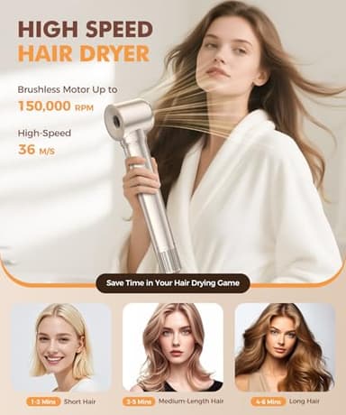 6-in-1 Hair Dryer Brush, Hair Styler with Automatic Curlers, 150,000 RPM High-Speed Negative Ionic Hair Dryer Fast Drying, Blow Dryer Brush for Curling/Volumizing/Straightening with Travel Bag, Gold - Image 5