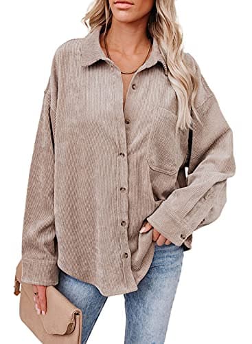 Dokotoo Womens V Neck Roll Up Long Sleeve Pocket Corduroy Shirts Casual Boyfriend Button Down Petite Blouses M Light Brown - Image 1