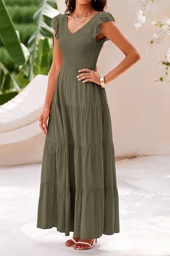 PRETTYGARDEN Women's Summer Flowy Maxi Dress Casual Cap Sleeve V Neck Smocked Beach Sundress (Solid Army Green,Medium) - Image 7