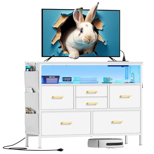 YITAHOME Dresser TV Stand for 45'' TV, 6-Drawer Dresser with Power Outlet and LED Light, Wide Drawer with Metal Handle, White with Shelves and PU Finish - Image 1