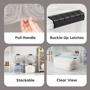 IRIS USA 72 Qt Stackable Plastic Storage Bins with Lids, 4 Pack - BPA-Free, Made in USA - See-Through Organizing Solution, Latches, Durable Nestable Containers, Secure Pull Handle - Clear - Image 5