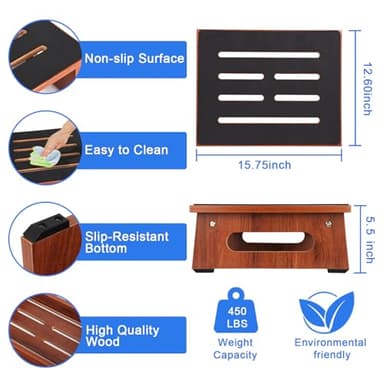 One Step Stool for Adults Seniors with Non-Slip Rubber Stepping Surface, Heavy Duty Wooden Step Stool with 450 LBS Capacity Bed Steps for High Beds, Bathroom, Bedroom, Kitchen & Kids Bedside Support - Image 3