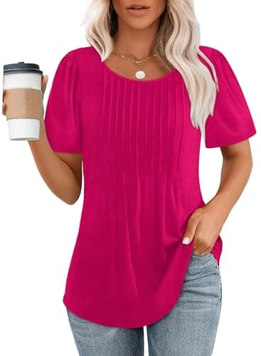 Womens Tops Summer Outfits Hot Pink Fashion Blouses Dressy Casual Short Sleeve Oversized Ladies Clothes 2XL - Image 1
