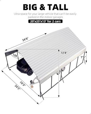 20'x25'x13' Metal Carport for 2 Cars, Extra Tall Carport, Reinforced Frame and Roof for All-Weather, Permanent Garage for Bass Boats, Full-Sized Pickup Trucks, and Tractors, N.W. 980 Lbs - Image 7