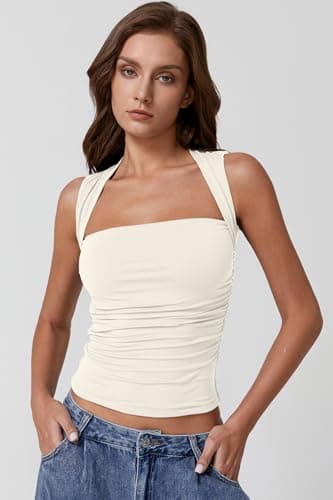 QINSEN Square Neck Tops for Women Summer Side Ruched Double Lined Slim Fit Going Out Crop Top Beige S - Image 5
