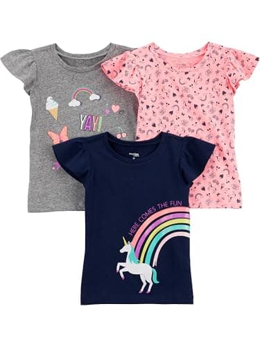 Simple Joys by Carter's Girls' Short-Sleeve Shirts and Tops, Pack of 3, Grey Rainbow/Light Orange Mixed Print/Navy Unicorn, 2T - Image 1