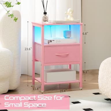 Yoobure Pink Night Stand with Charging Station, LED Nightstand for Bedroom, Bedside Tables with Adjustable Fabric Drawer, 3-Tier End Table Living Room, Small Side Table with Storage - Image 3