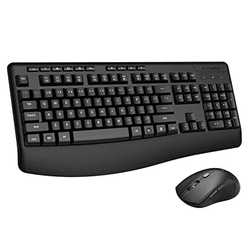 Wireless Keyboard and Mouse Combo, E-YOOSO 2.4GHz Full Sized Ergonomic Wireless Keyboard with Wrist Rest, 3 DPI Adjustable and 6 Buttons Cordless USB Mouse for Computer, Laptop, PC, Windows (Black)