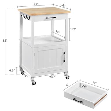Yaheetech Rolling Kitchen Island with Single Door Cabinet, Kitchen Cart with Drawer on Swivel Wheels, Small Coffee Cart Microwave Stand with 3 Side Hooks for Dining Room, White - Image 3