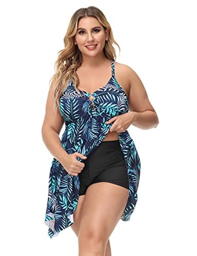 Women's Crisscross Back Floral High Waist Tankini Swimwear Two Piece Swimsuits 20W Blue Leaves - Image 3