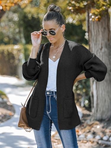 MEROKEETY Women's 2025 Open Front Chunky Cardigans Lantern Long Sleeve Oversized Knit Outwear with Pocket, Black, L - Image 5