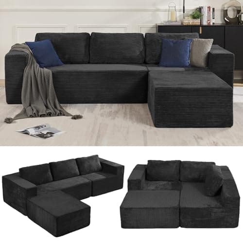 Furnify 106" Modular Sectional Sofa with L-Shape Chaise, Right/Left Facing Deep Seat Cloud Couch, No Assembly Required, Upholstered Couch for Living Room Bedroom (Plush Corduroy Fabric, Black) - Image 1