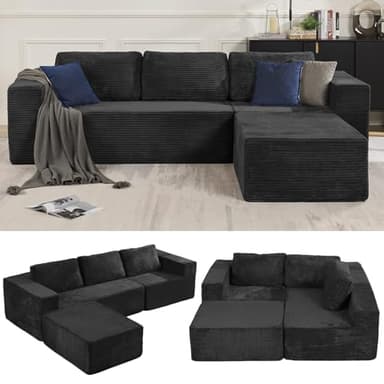 Furnify 106" Modular Sectional Sofa with L-Shape Chaise, Right/Left Facing Deep Seat Cloud Couch, No Assembly Required, Upholstered Couch for Living Room Bedroom (Plush Corduroy Fabric, Black) - Image 1