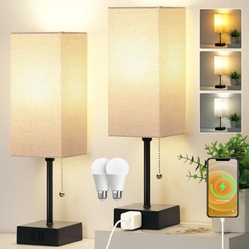 15'' Table Lamp for Bedroom set of 2,3-Color Bedside Lamps with Pull Chain Table Lamps for Night stands with AC Outlet,Small Night Light Lamps with 2 Bulbs Lamps for Living Room Kids Room Office Decor - Image 1