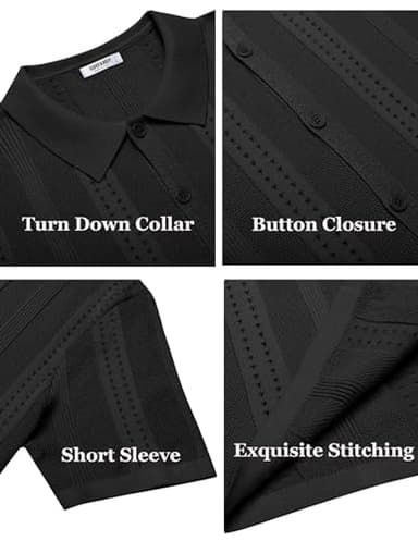 COOFANDY Men's Short Sleeve Knit Shirts Vintage Button Down Polo Shirt Casual Beach Tops, Black, Large - Image 6