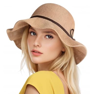 Sun Beach Hats Summer for Women, UPF 50+ UV Sun Protection Woven Crochet Hat Foldable Packable Roll up Knitted Cap, Khaki - Image 1