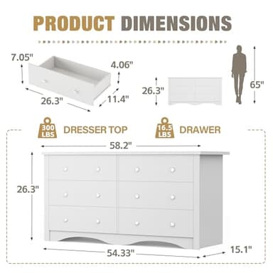 YESHOMY Dresser for Bedroom with 6 Drawers, Modern Chest of Drawers, Wooden Dressers, TV Stand for Living Room,Closet, Hallway (White) - Image 2