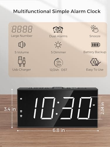 Alarm Clock for Bedroom, 2 Alarms Loud LED Big Display Plug in Simple Basic Digital Clock with USB Charging Port, Adjustable Volume, Dimmable, Snooze for Deep Sleepers Kids Elderly Home Office - Image 2