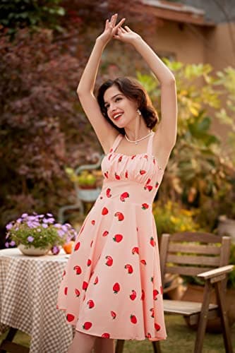 1950s Dresses for Women Vintage Retro Dress for Women Light Pink A-Line Flowy Swing Beach Dress Strawberry Dress Medium - Image 3