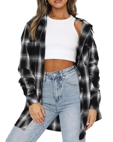 Lacozy Womens Oversized Flannel Shirt Black Buffalo Plaid Blouse Long Sleeve Loose Tunic Tops Black Large