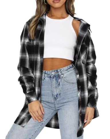 Lacozy Womens Oversized Flannel Shirt Black Buffalo Plaid Blouse Long Sleeve Loose Tunic Tops Black Large
