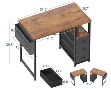 AODK 32" Small Computer Desk with Fabric Drawers, Kids Girls Teen Study Writing Desk for Bedroom, Home Office Desk with Storage Shelf & Bag for Small Space, Vintage - Image 3