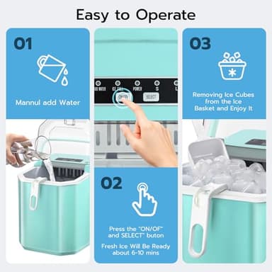 ZAFRO Countertop Ice Maker, 26.5Lbs/24H, 9 Bullet Cubes in 6 Mins, Self-Cleaning Portable Ice Machine with 2 Ice Sizes (S/L), Quiet Compact Design, Double Handles, for Home, Party, RV, Camping, Green - Image 6