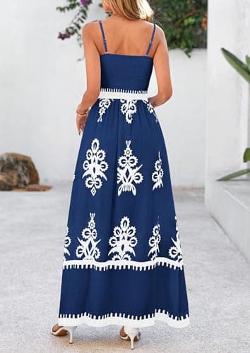 PRETTYGARDEN Summer Dress for Women 2025 Floral Sundress Spaghetti Strap Flowy Beach Vacation Boho Maxi Dresses (Dark Blue White Floral,Small) - Image 2