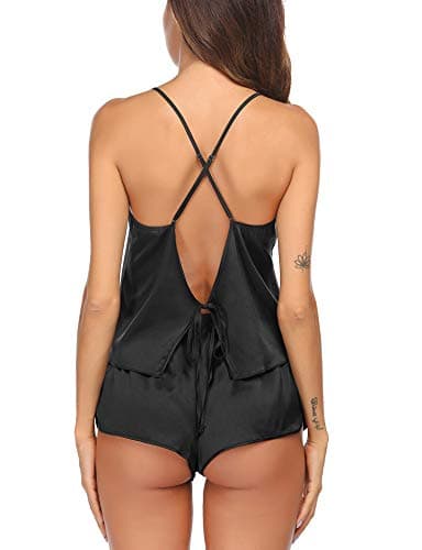 Ekouaer Silk Pajamas Set for Women Satin Backless Lingerie Pjs Cami Top and Shorts Nightwear Black - Image 5