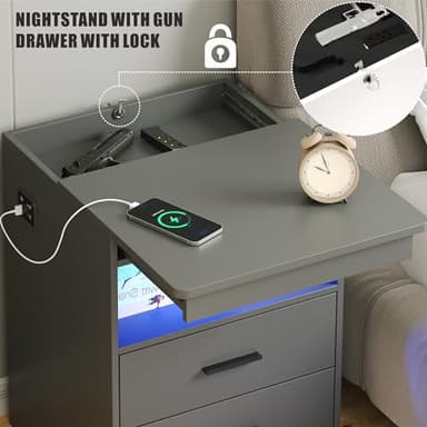 Night Stand Set of 2, Charging Bedside Table with USB & Type-C Port, LED Night Stand with Human Sensor Light, Modern End Table with Gun Drawers for Bedroom Office, Grey - Image 4