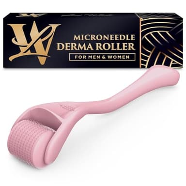 Derma Roller for Skin, Hair & Beard – Women and Men Titanium Microneedling Roller for Face & Scalp, Safe & Easy to Use - Pink - Image 1