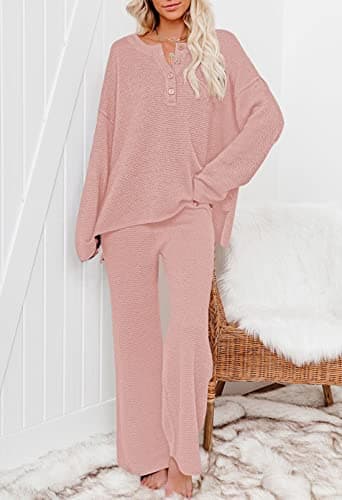 Pink Queen Women's 2 Piece Knit Sweatsuit Oversized Loose Knit Sweater Matching Loungewear Set Pink M - Image 4