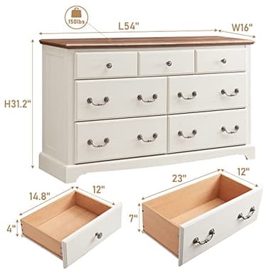 T4TREAM 7 Drawers Dresser Chests for Bedroom, Wood Vintage Chests of Drawers, Rustic Dressers Chset Organizer for Bedroom, Living Room, Hallway, Antique White - Image 2