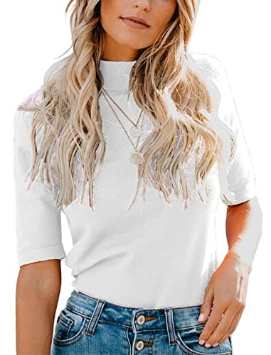 LIYOHON Womens Tops Dressy Casual Mock Turtleneck Business Short Sleeve T Shirts Going Out Tops 2025 White-XL - Image 1